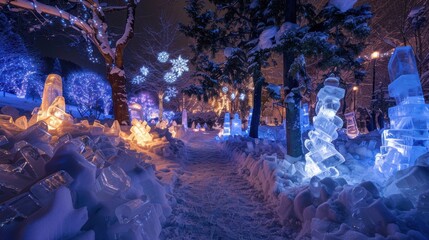Enchanted Forest of Glowing Ice Sculptures