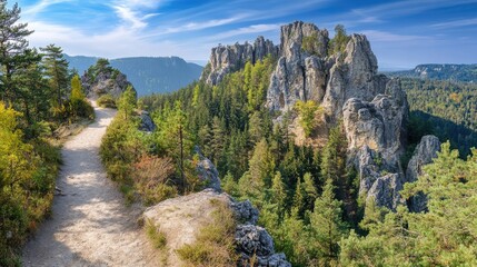 Obraz premium Winding Trail Through Dense Forest and Rocky Terrain