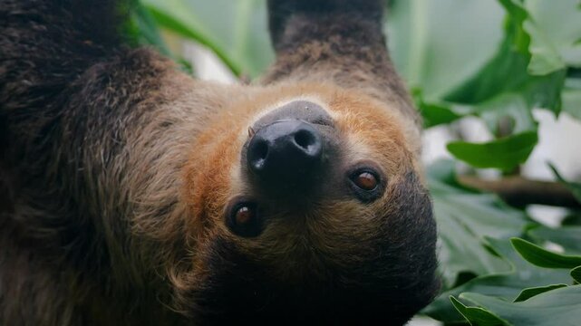 A sloth hangs upside down on a branch and looks funny into the camera. Very cute little animal.