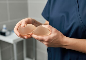 Healthcare Professional Holding Silicone Breast Implants in Clinic