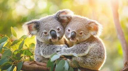 Fototapeta premium Two Baby Koalas Cuddling on Eucalyptus Tree