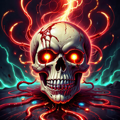 A skull with glowing red eyes is submerged in a pool of pulsating blood, surrounded by electric tendrils and streaks of lightning.