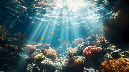Fototapeta premium Breathtaking 3D underwater scene showcasing a vibrant coral reef ecosystem filled with a variety of tropical fish swimming amidst shafts of sunlight piercing the azure waters