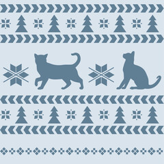 In traditional Scandinavian style, the seamless vector pattern is dark blue on a pale blue background. This classic Nordic winter Christmas ornament features classic elements, cat silhouette figures.