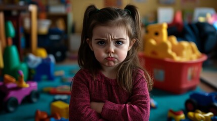 Fototapeta premium A little girl with her arms crossed looks upset with a pouty face.