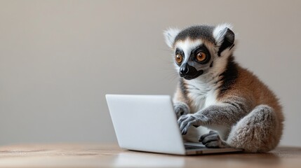 A curious lemur sits on a wooden table, intently looking at a laptop.