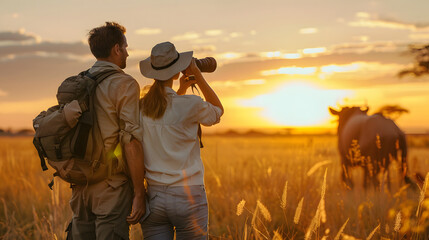 Tourist couple on an African safari to view wildlife in an open grassy field as the sun comes up
