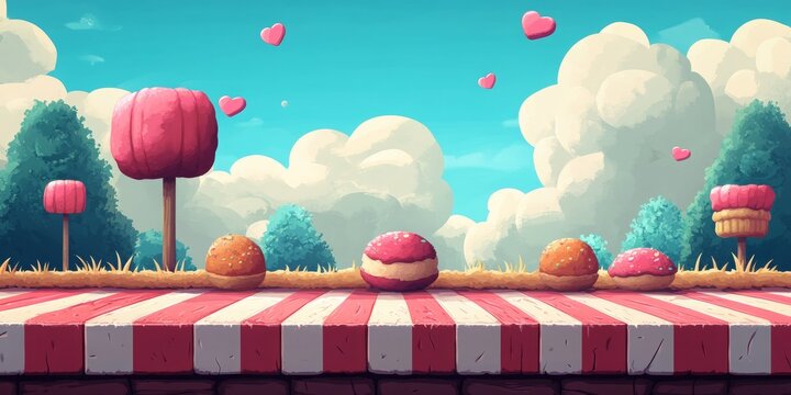Candyland Adventure, vibrant 2D platformer level, whimsical candy-striped floor, delightful sweets as platforms, colorful and playful environment
