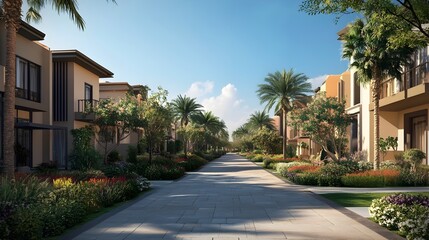 Fototapeta premium Elegant 3D Rendered Luxury Townhouse with Private Garden Sleek Modern Architecture and Stone Pathway Leading to the Front Door