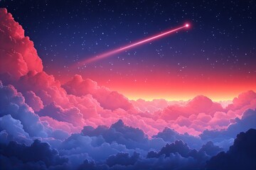 Naklejka premium Dreamy night sky with shooting star over colorful cloudscape at sunset