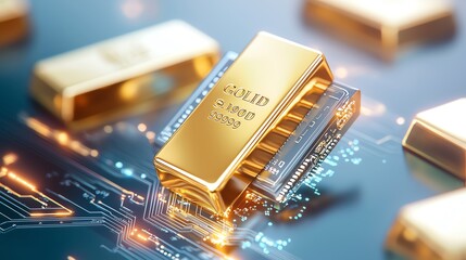 Abstract gold bullion bars floating around a digital wallet, futuristic finance concept, bullion savings
