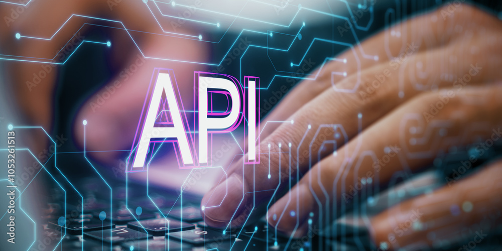 Poster close up of male hands using laptop keyboard with glowing api hologram on blurry background. interne