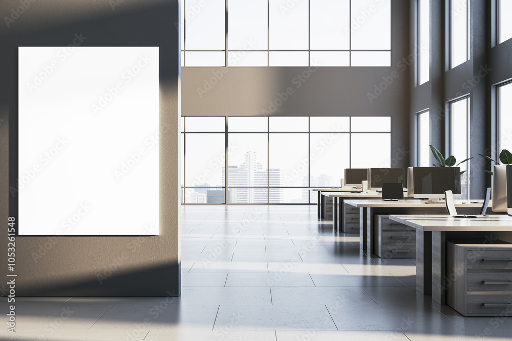 Poster modern spacious coworking office interior with empty mock up poster on wall, panoramic windows, city
