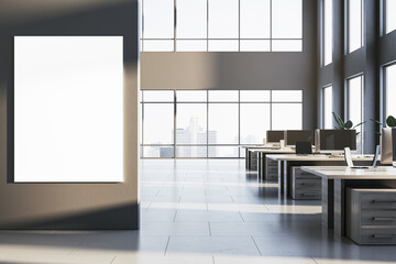 Modern spacious coworking office interior with empty mock up poster on wall, panoramic windows, city view and daylight. 3D Rendering.