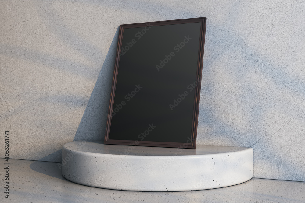Poster Empty black frame on pedestal. Concrete wall background. Mock up concept. 3D Rendering.
