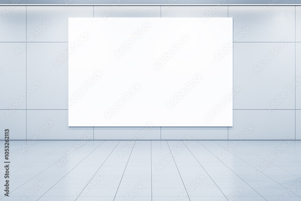 Poster clean empty white spacious interior with mock up banner on wall. 3d rendering.