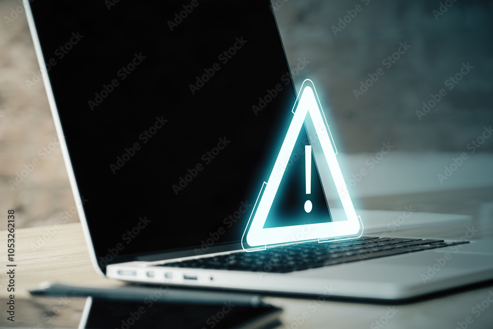 Poster Close up of laptop with empty mock up screen and glowing attention sign on blurry background. Important notice and alert concept.