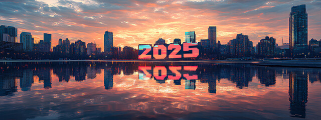 "2025" in colorful squares stands out on a city waterfront, mirrored on calm water. Tall buildings flank the scene under a vibrant sunrise or sunset, casting long shadows and enhancing the tranquil am