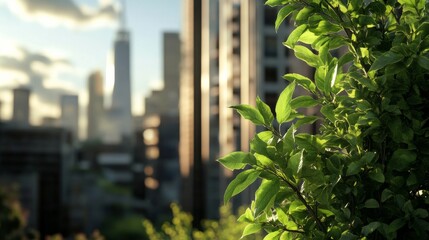 Obraz premium A refreshing blend of urban and natural elements, showing vibrant green leaves juxtaposed against a blurred city skyline, creating an inspiring harmony of city and nature.