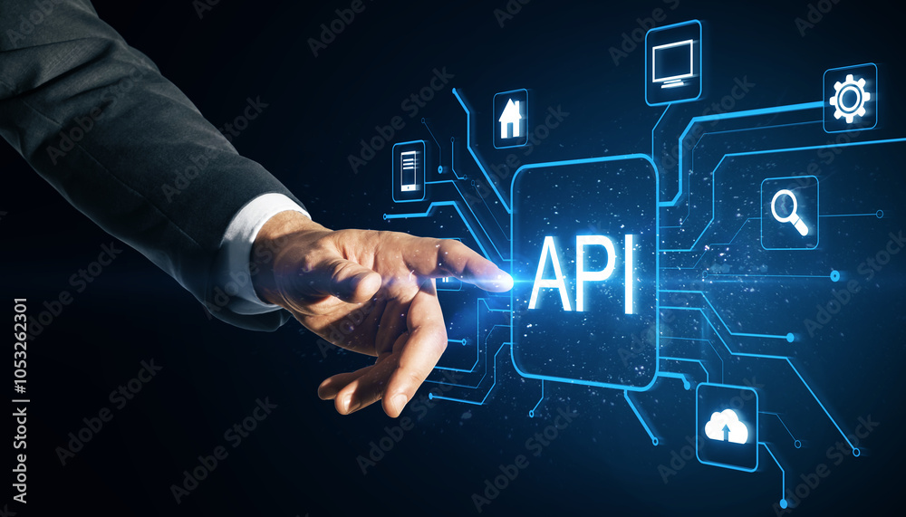 Poster Close up of male hand pointing at glowing api data hologram on blue background. Big data, Application programming interface concept.