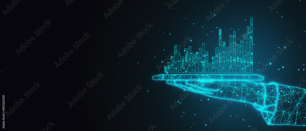 Poster Abstract polygonal hand holding tablet with growing business chart on dark blue background with mock up place. Technology, innovation and finance concept. 3D Rendering.