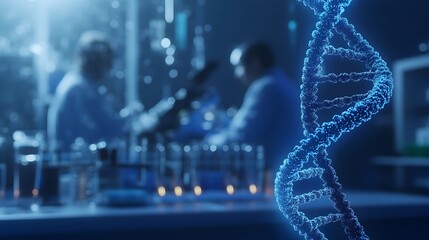 Detailed 3D Rendering of a DNA Strand in a Laboratory Setting with Scientists Performing Genetic Research and Analysis