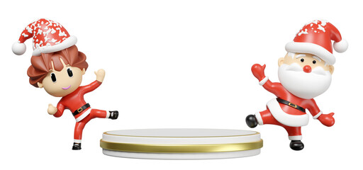 3d podium empty with santa claus and santa girl isolated. poster or happiness cards, merry christmas, festive New Year concept, 3d render illustration