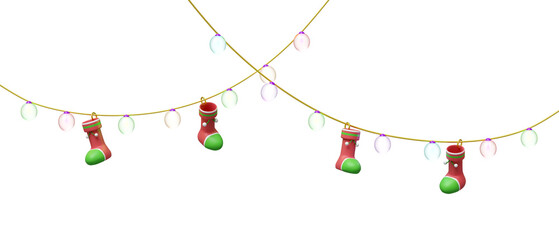 Merry christmas and happy new year with clear glass lantern garland, socks isolated. party banner concept, 3d illustration render
