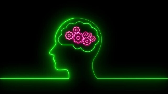 Neon icon with silhouette human head and settings gears icon. Gears with bright glowing futuristic lights. Male person silhouette. 