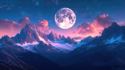 Nighttime Mountain Landscape with a Full Moon