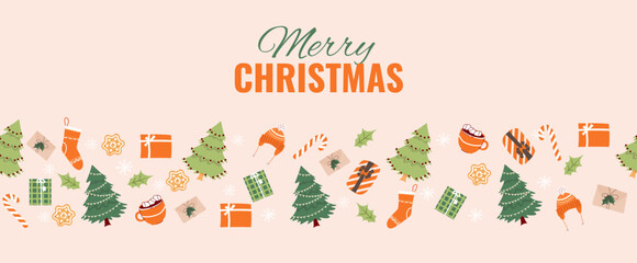 Lovely hand drawn horizontal seamless pattern with christmas tree, cap, mittens, cup of cocoa, gift boxes, socks, holly - cute xmas background, great for textiles, banners, wallpapers, card 