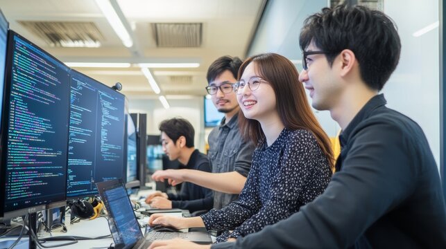 Asian software developers working on multiple screens displaying code and application diagrams in a modern office