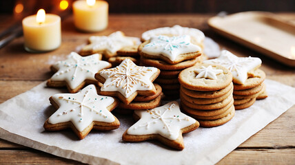 Christmas Star Cookies with Icing on Rustic Wooden Table