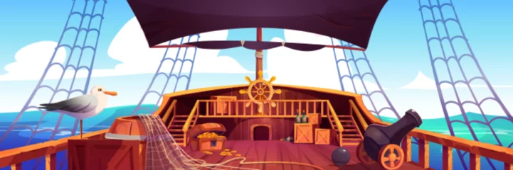 Old pirate ship deck view with steering wheel background. Wood sail boar in sea. Antique galleon vessel with net and treasure chest. Summer adventure on battleship game landscape illustration