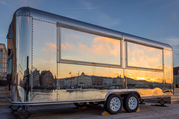 Reflection of Nyhavn in a caravan, Copenhagen, Denmark