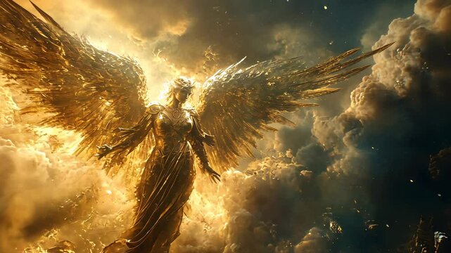Golden Angel in the Clouds, wings, light, sky, heaven, divine