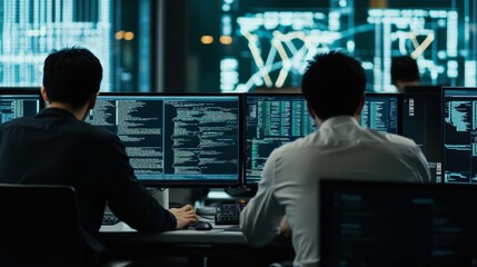 Fototapeta premium Asian software developers working on multiple screens displaying code and application diagrams in a modern office