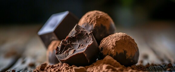 Close-up of dark chocolate truffles dusted with cocoa powder on wooden background.