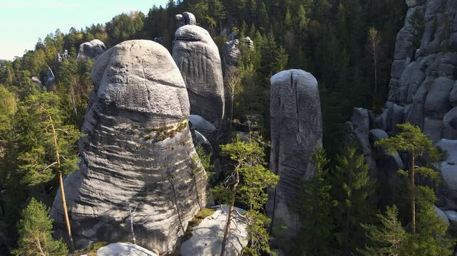 Aerial view of the Teplice Rocks, landscape of the Adrspach-Teplice Mountain Park in the Broumov Uplands region of Bohemia, Czech Republic