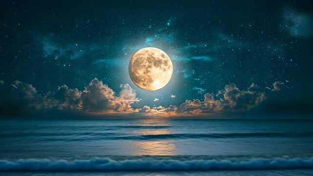 Full Moon Over Ocean at Night, night sky, waves, beach, starry night, moonlight