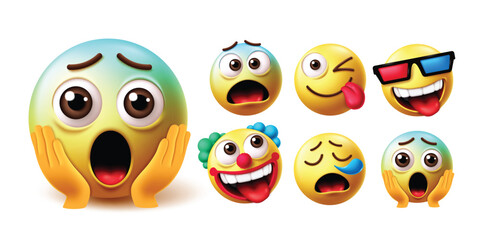 Emoji shock emoticon character vector set. Emojis shock, surprise and amazed graphic elements with emoticons afraid, naughty, cool, clown, sneezing and shock facial expression icon collection. Vector 