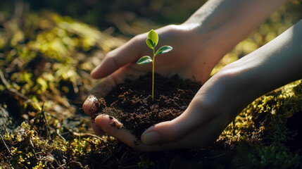 Fototapeta premium Hands Nurturing a Small Green Seedling in Soil