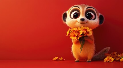 A cute cartoon meerkat holding a bouquet of yellow flowers against a red background.