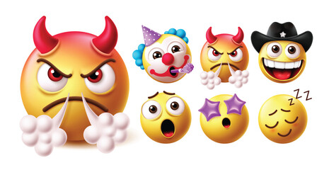 Emoji evil emoticon character vector set. Emojis daemon, monster and bad face icon with birthday clown, devil, cowboy, shock, star-eye and sleepy emoticons character facial expression collection. 