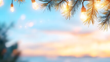 A serene sunset scene with glowing lights hanging from pine branches, creating a warm and festive atmosphere.
