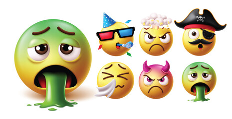 Emoji vomiting face character vector set. 3d emoticon characters in sick and disgust facial expression with birthday clown, angry, pirate, crying, devil and vomit yellow icon faces collection. Vector 