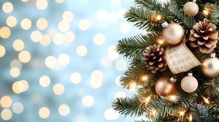 Obraz premium A beautifully decorated Christmas tree branch adorned with ornaments, pinecones, and warm lights against a soft, blurred background.