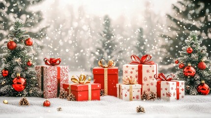 Beautifully arranged Christmas presents surrounded by snow and festive trees, creating a magical winter atmosphere.