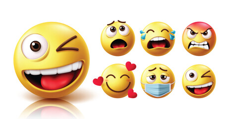 Fototapeta premium Emoji winking face character vector set. Emojis wink, blink and cute face emoticon with shock, crying, angry, in love, sick and winking facial expression collection elements in white background. 