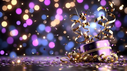 A festive scene featuring a purple party hat with gold ribbons amidst a backdrop of colorful bokeh lights and glitter.